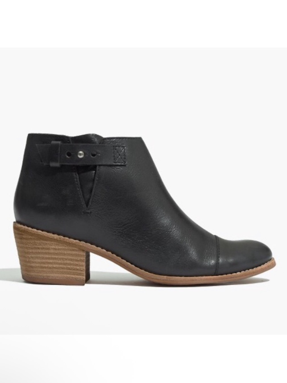 Madewell Dakota Cutoff Black Leather Ankle Boot with Stacked Heel Size 8.5